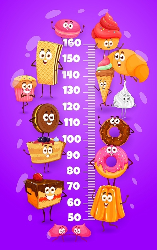 Cartoon sweets, cakes and deserts. Kids height chart, vector growth meter with cupcake, croissant and ice-cream, chocolate cookie, donut and waffle, marshmallow, jelly pudding and cake funny character