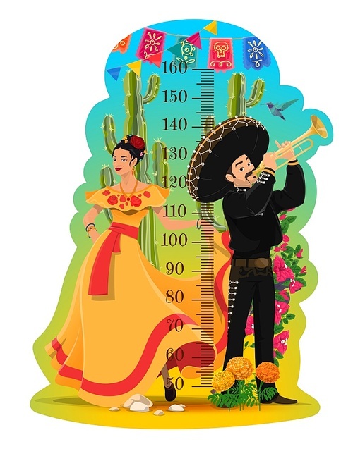 Kids height chart. Mexican mariachi and woman in tabasco dress, flowers, cactus and garlands. Children growth meter with mexican culture symbols, mariachi musician playing on trumpet and dancing woman