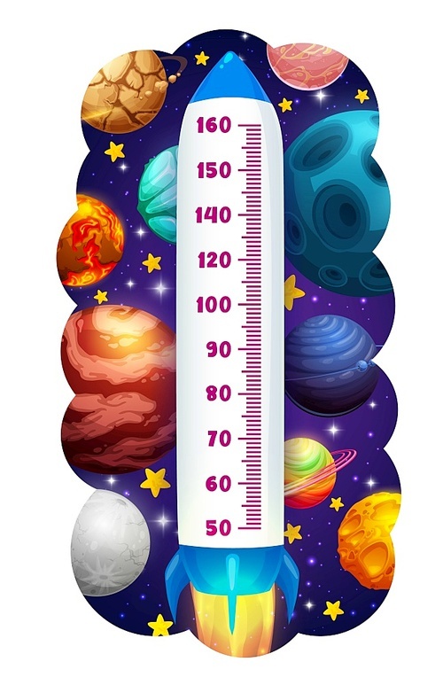 Kids height chart in space, rocket and planets growth measure. Cartoon vector meter shuttle with scale take off in outer cosmos. Wall sticker for children height measurement galaxy and shining stars