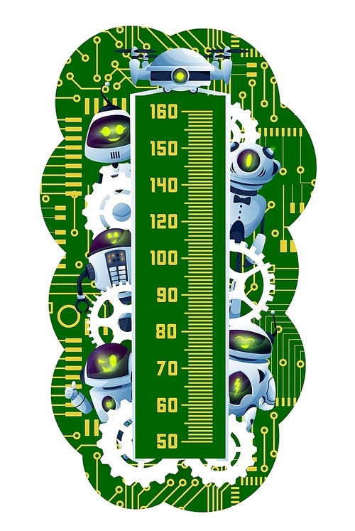 Kids height chart. Cartoon robots and androids on circuit board. Preschooler growth measure meter with cute robots, futuristic droids or alien cyborgs characters, gear wheels and motherboard tracks