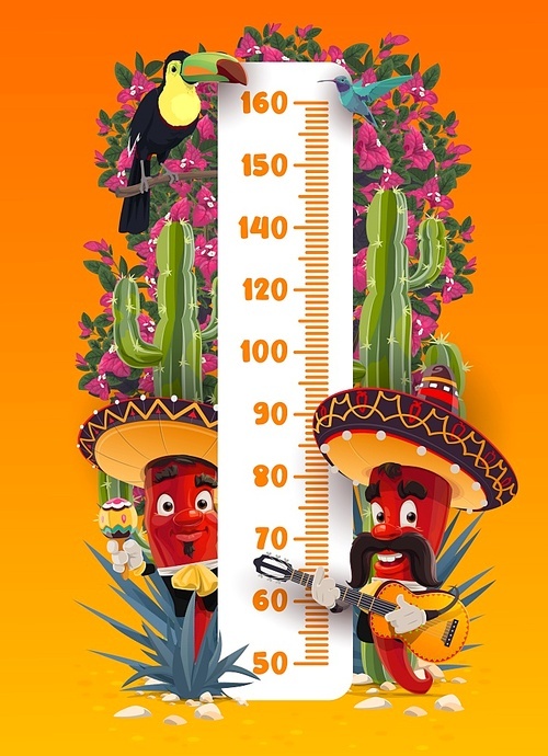 Kids height chart. Mexican mariachi peppers. Child growth measure meter with cactus, bougainvillea flowers and hummingbird, toucan bird, guava and chili peppers in sombrero, playing on guitar, maracas