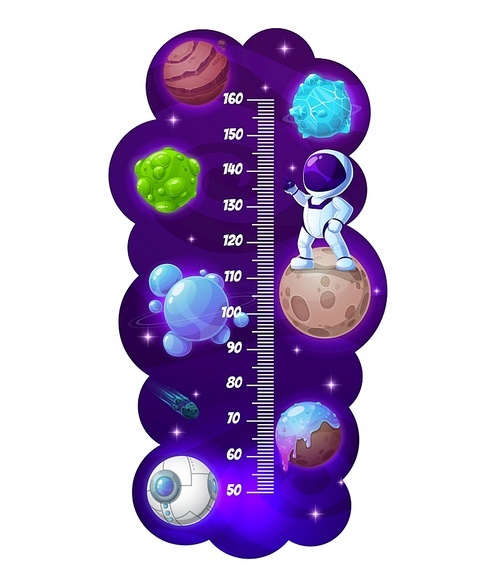 Kids height chart, cartoon astronaut and space planets growth meter. Vector wall sticker for children height measurement with scale, galaxy, cute spaceman character, shining stars and falling meteor