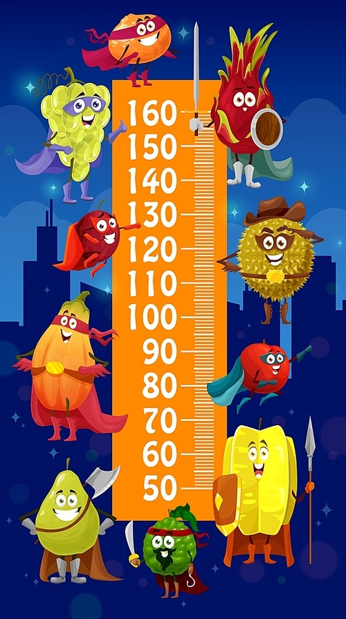 Kids height chart, cartoon fruits superheroes growth meter. Vector wall sticker with cute characters pear, durian, grapes, orange with plum and dragon or star fruit super heroes, fairy tale knights