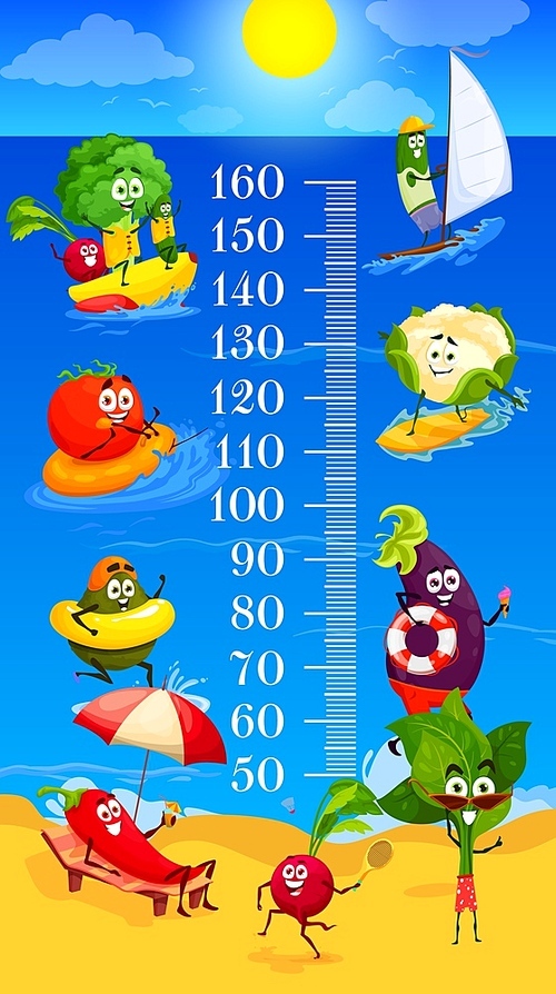 Kids height chart cartoon vegetables on summer beach leisure, growth meter. Happy vector veggies characters broccoli, radish and eggplant with tomato sailing, tanning at sea shore, swimming in ocean