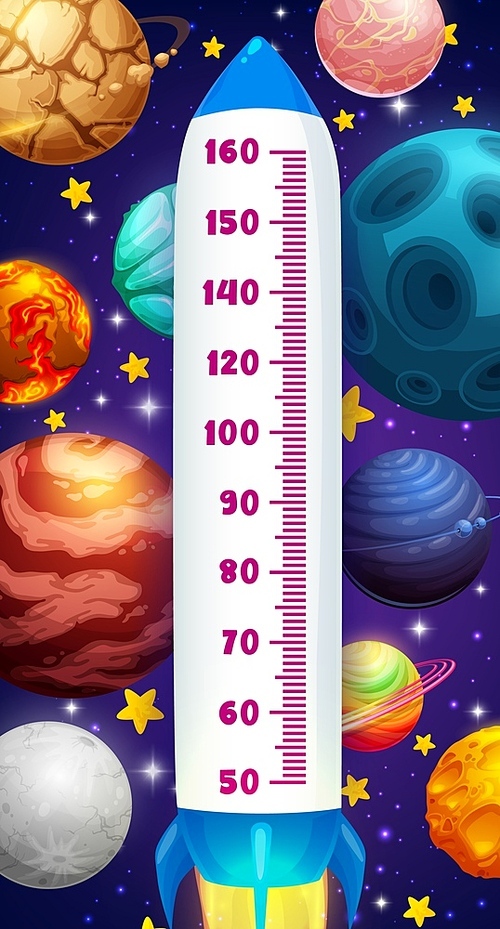 Height chart in space, rocket and planets growth measure for kids. Cartoon vector wall sticker for children height measurement. Shuttle with scale take off in outer cosmos or galaxy with shining stars