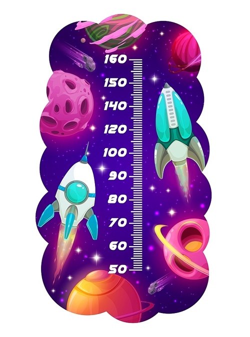 Galaxy kids height chart. Space rocket and planets. Child growth measure meter with cartoon vector alien spaceships, fictional rockets or future spacecrafts flying in outerspace, galaxy fantasy planet