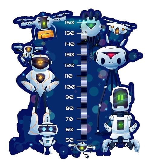 Kids height chart with robots and droids, vector growth meter cartoon background. Kids height chart or baby measure ruler scale wall sticker with space android robots, chatbots and tech drones