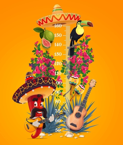 Kids height chart, mexican chili pepper growth meter with cartoon vector jalapeno mariachi with guitar, toucan, bougainville flowers and guava with agave plant. Scale for children height measurement
