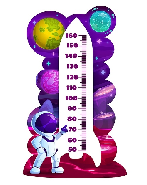 Cartoon spaceship and astronaut kids height chart, growth meter. Vector wall sticker with space planets and cute cosmonaut. Children height measurement scale with rocket, galaxy and spaceman character