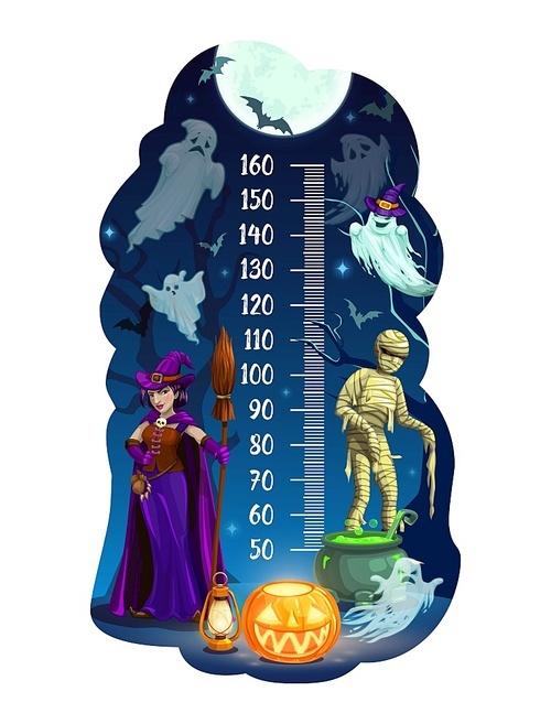 Kids height chart, Halloween monsters and ghosts vector meter. Children growth measure ruler scale or stadiometer wall sticker with Halloween night background, cartoon witch, pumpkin, mummy and bats