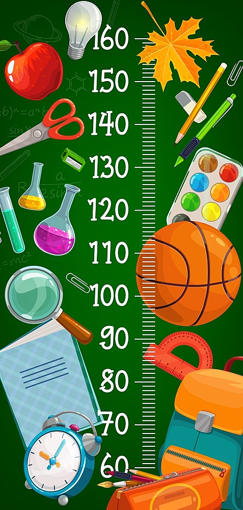 Cartoon school stationery kids height chart. Child growth measure, children height centimeters scale ruler with lab flask and red apple, leaves, backpack and basketball ball on chalkboard background