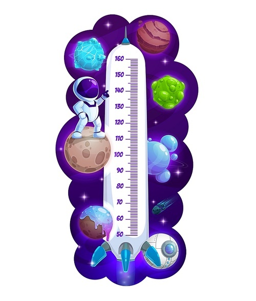 Kids height chart with cartoon space rockets and astronauts, vector growth meter. Kids height chart or baby measure scale with spaceship shuttle and spaceman, planets and rockets in galaxy space