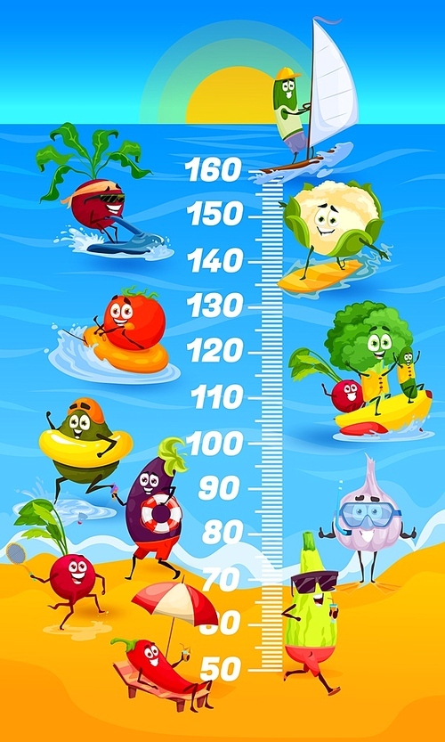 Kids height chart. Cartoon vegetables on beach growth meter. Happy vector veggies summer leisure, characters broccoli, radish and eggplant with tomato sailing, tanning at sea shore, swimming in ocean