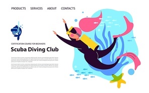 Diving, extreme sports. Girl diver among exotic marine life and tropical fish. Vector illustrations of a web page design concept for a website.