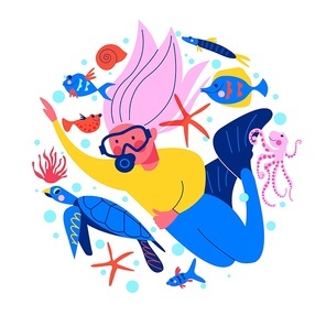 Diving, extreme sports. Girl diver among exotic marine life and tropical fish. Vector illustration on a white background.