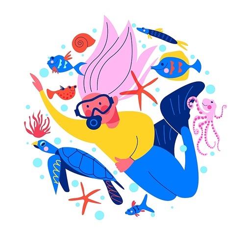 Diving, extreme sports. Girl diver among exotic marine life and tropical fish. Vector illustration on a white background.