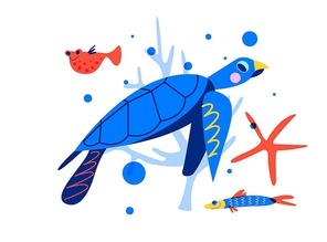 Sea turtle, tropical fish, seaweed and underwater life. Colorful vector illustration on a white background.