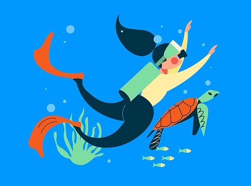 Diving, extreme sports. Girl diver among exotic marine life and tropical fish. Vector illustration, banner.