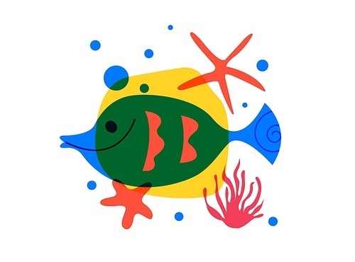 Tropical fish and marine life, underwater life. Colorful vector illustration on a white background.