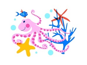 Pink octopus, tropical fish, seaweed and underwater life. Colorful vector illustration on a white background.