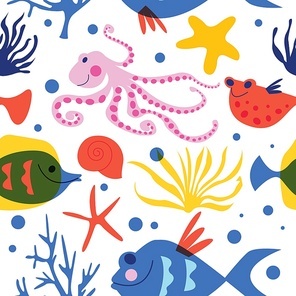 Seamless pattern on a white background. Tropical fish, marine life, underwater life. Colorful vector illustration on a white background.