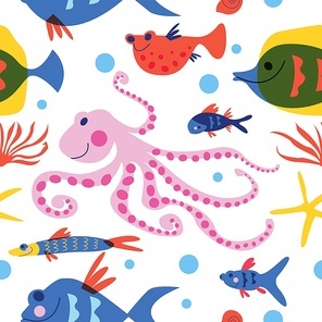 seamless  on a white background. tropical fish, marine life, underwater life. colorful vector illustration on a white background.