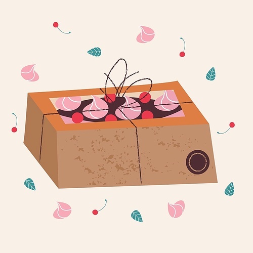 Kraft box with a cake. Vector illustration on a light background.