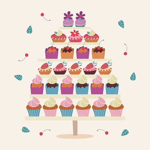 A large set of delicious and beautiful cakes with cream, chocolate and strawberries. Vector illustration on a light background.
