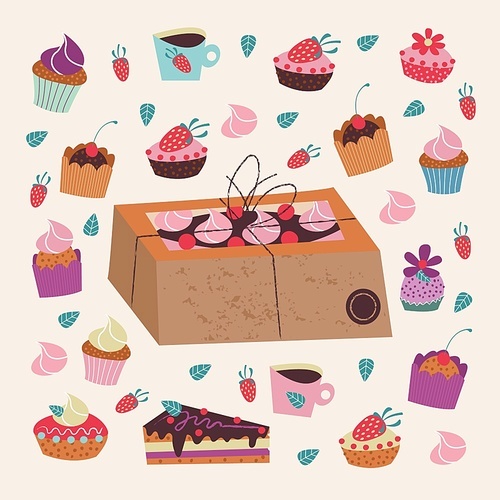 Kraft box with a cake. A large set of delicious and beautiful cakes. Vector illustration on a light background.