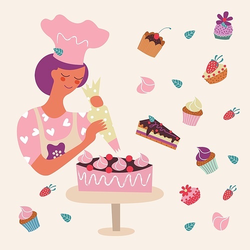 A woman pastry chef decorates cakes with cream. A set of delicious and beautiful cakes. Vector illustration.