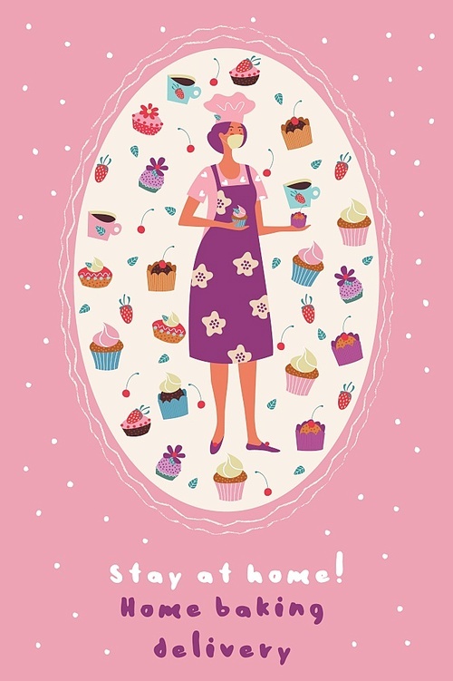 stay at home. homemade cakes with delivery. vector illustration. a pretty woman pastry chef in a medical mask and a lot of beautiful and delicious cakes with cream, chocolate and strawberries. postcard with an oval  on a light background.