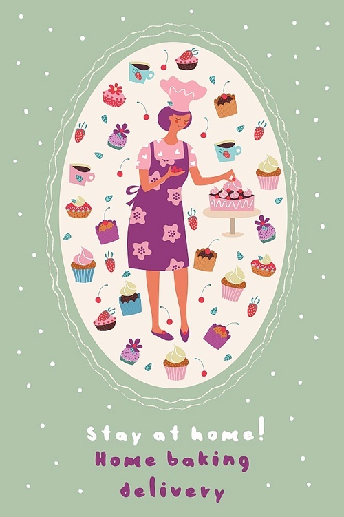 stay at home. homemade cakes with delivery. vector illustration. a pretty woman pastry chef decorates cakes with cream. many beautiful and delicious cakes with cream, chocolate and strawberries. postcard with an oval  on a light background.