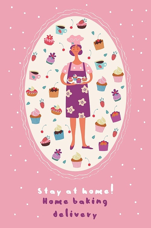 stay at home. homemade cakes with delivery. vector illustration. a pretty woman pastry chef and many beautiful and delicious cakes with cream, chocolate and strawberries. postcard with an oval  on a light background.