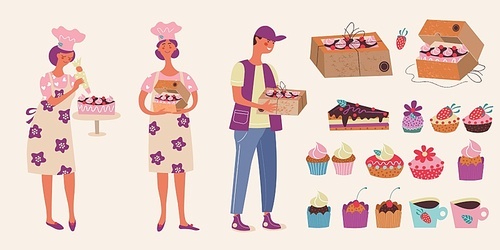Confectionery. Cute female pastry chef decorates the cake. The courier holds a box with a cake. Vector illustration.