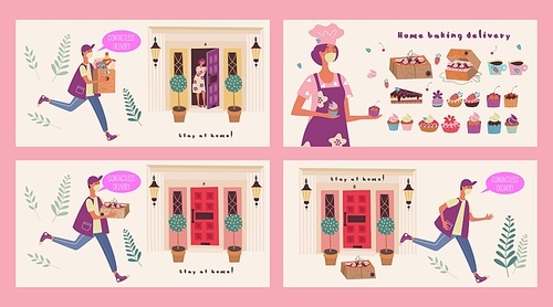 Home bakery. Female pastry chef in a medical mask. A set of beautiful cakes and pies. Contactless delivery of products and confectionery. Vector illustration.