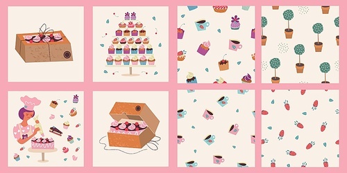 Home bakery. A female pastry chef decorates the cake with cream. Cake in a cardboard box. Delivery of confectionery products. Vector illustration. A set of seamless patterns.