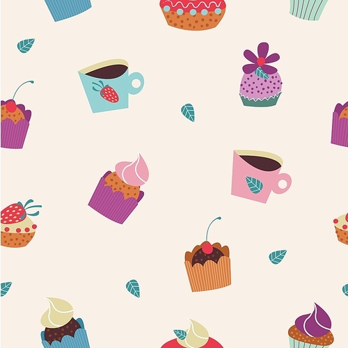 Seamless pattern on a light background. Cute beautiful and delicious cakes with cream, chocolate and strawberries, cups of coffee. Vector illustration in a flat cartoon style.