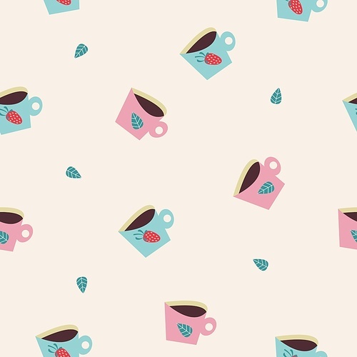Seamless pattern with cute cartoon coffee or tea cups. Pink and light blue cups decorated with mint and strawberries. Vector illustration on a light background. Suitable for printing on fabric or paper.