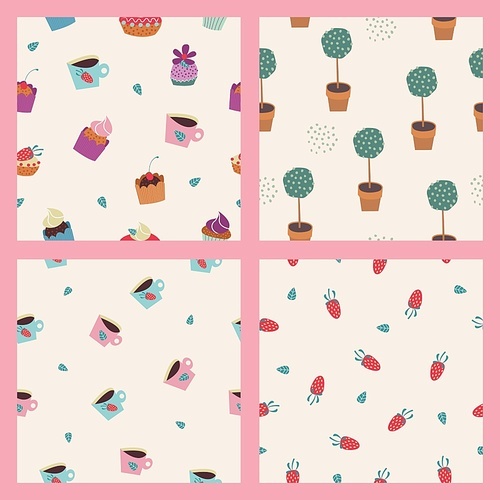 A set of seamless patterns. Beautiful cakes decorated with cream and strawberries. Cute potted plants on a light background. Small strawberries and mint leaves. Pink and light blue cups decorated with strawberries and mint.