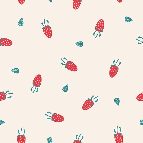 Seamless pattern with small red strawberries and green leaves. Vector illustration on a light background.