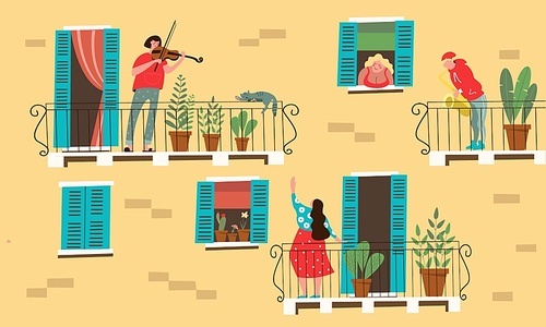 Stay at home. Neighbors play musical instruments standing on the balconies of their homes. Vector illustration. Concept of home classes during the quarantine period.