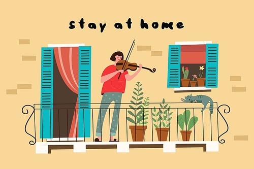 Stay at home. A girl plays the violin standing on the balcony of her house. Vector illustration.