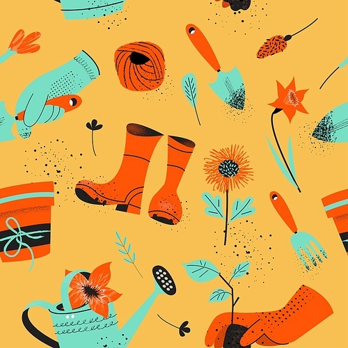 Seamless pattern on a yellow background. Tools for seasonal work in the garden. Vector illustration in trend style with hand drawn texture.