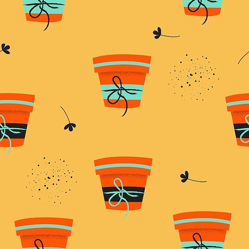Seamless pattern on a yellow background. Flower pots with seedlings. Vector illustration. Seasonal work in the garden.