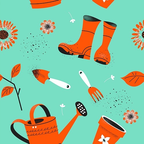 Seamless pattern on a light blue background. Tools for seasonal work in the garden. Vector illustration in a trending style.