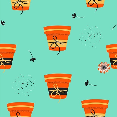 Seamless pattern on a blue background. Flower pots with seedlings. Vector illustration. Seasonal work in the garden.