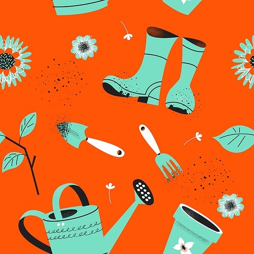 Seamless pattern on an orange background. Tools for seasonal work in the garden. Vector illustration in a modern trend style.
