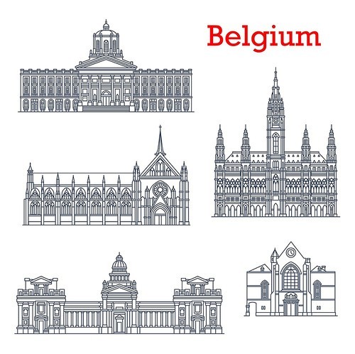 Belgium landmarks, buildings architecture and cathedrals of Brussels. City hall and Saint Jacques church at Coudenberg, Sablon Church of Blessed Lady and Bruxelles Palace of Justice, Belgian travel