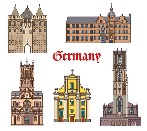 Germany landmark buildings and cathedrals, German travel architecture, vector. Andreaskirche St Andreas church in Dusseldorf, rathaus and Obertor gates, Duisburg Salvatorkirche, St Quirinus cathedral