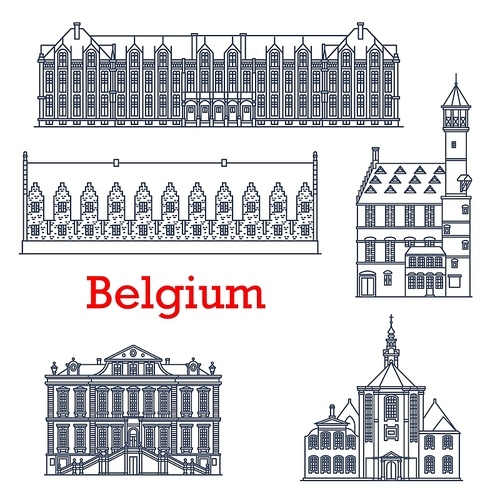 Belgium travel landmark architecture, Liege palaces, cathedrals and churches, vector. Belgian famous buildings of Sainte Elisabeth Eglise church, Liege town hall Stadhuis and Prince Bishops Palace